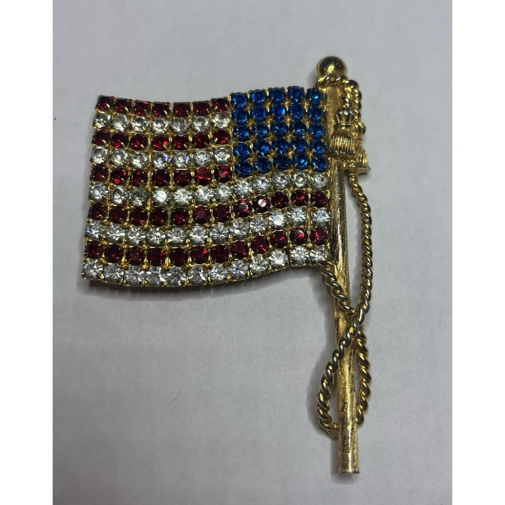 Thelma Deutsch Vintage Signed Big USA Flag Multicolor Rhinestone Brooch